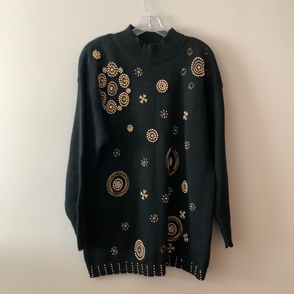 Vintage Black Sweater Dress with Gold Embellishments